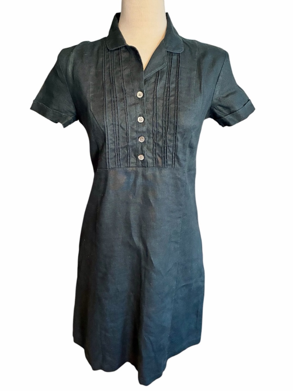 VINTAGE GAP 100% Linen Black Short Sleeve Pleated Dress Tie Back Women's Size 4